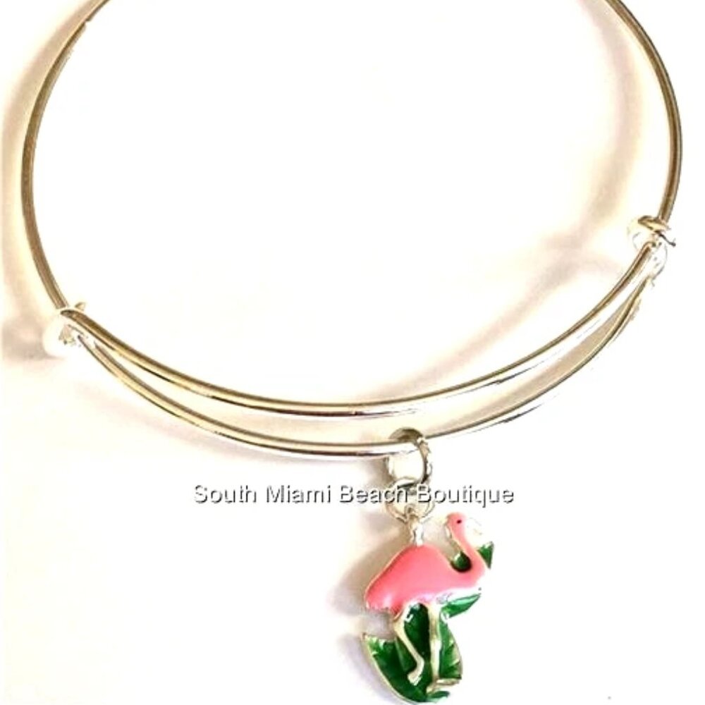 Silver Pink Flamingo Charm Bracelet Island Bird Tropical Beach Art Deco Plated